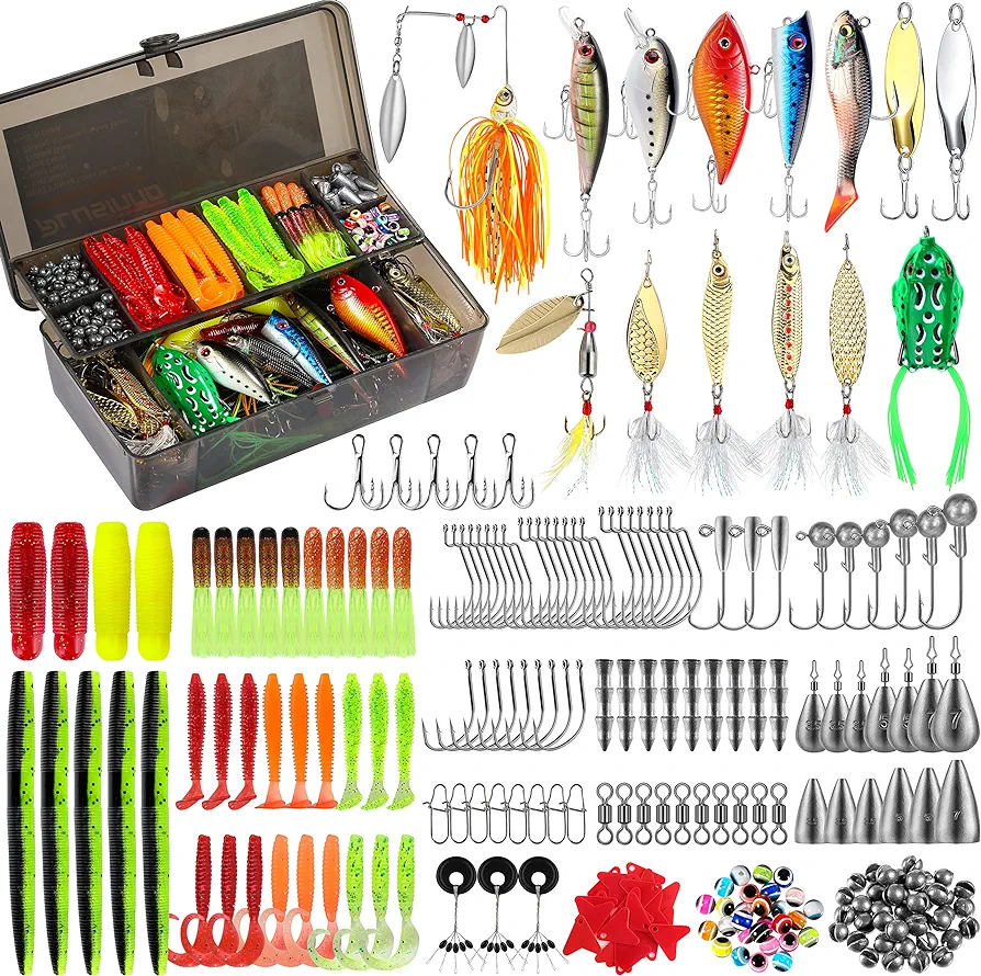 PLUSINNO 292pcs Fishing Accessories Kit, Tackle Box with Tackle Included, Fishing Hooks, Fishing Weights, Spinner Blade, Fishing Gear for Bass, Bluegill, Crappie