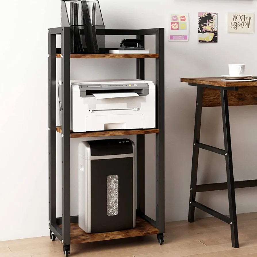 PUNCIA Mesa para Impresora Ajustable en Altura Soporte para Impresión de 3 Niveles con Ruedas Organizador de Papel Móvil de Madera y Metal Estante de Almacenaje Retro para Estudio Oficina Cocina