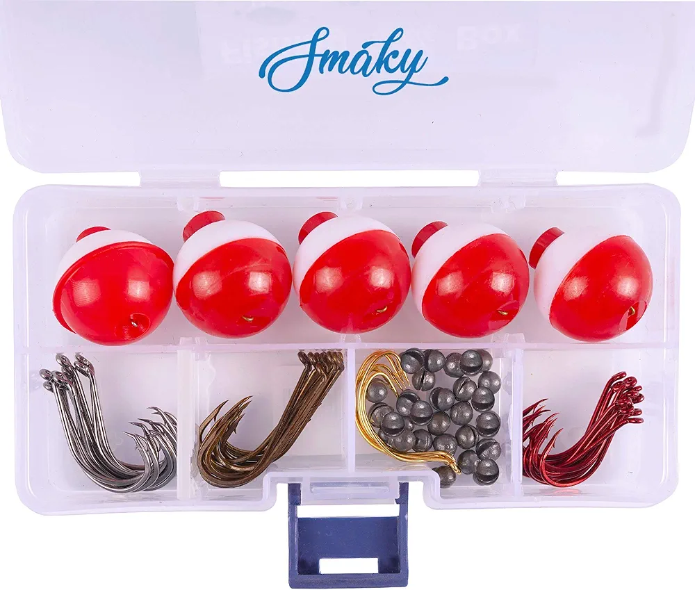 Smaky Fishing Tackle Kit Beginners Equipment 80 Pcs-Includes Fishing Hooks Bobbers Circle Octopus Hooks Sinkers| Starter Kit for Artificial and Live Baits (80-Pcs)