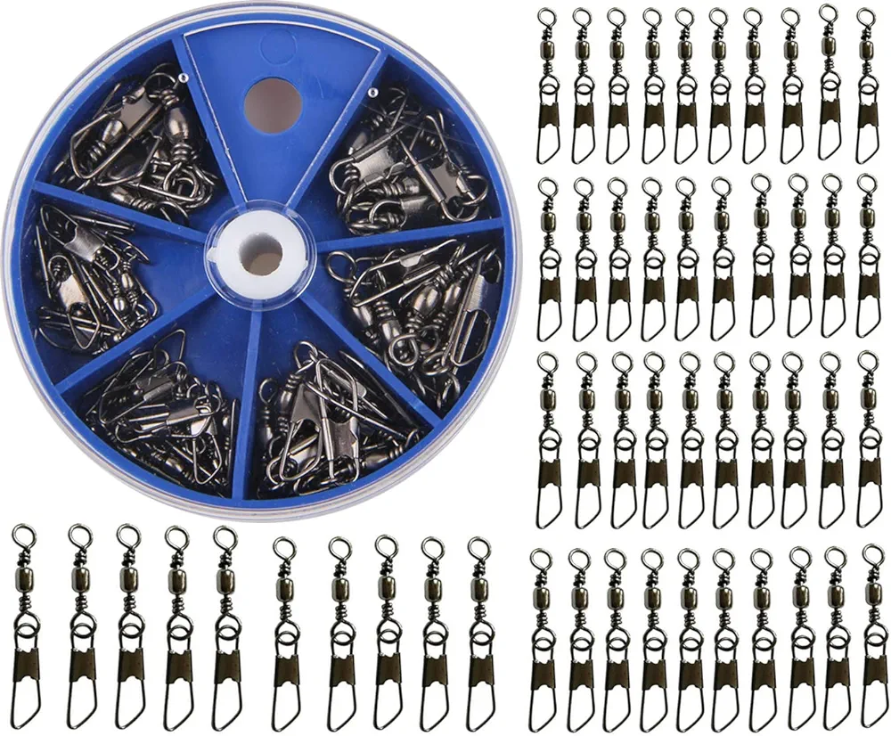 AGOOL Barrel Swivel Snap Kit - 50pcs Barrel Swivels with Safety Snaps High Strength Fishing Quick Connect Snap Swivels with Solid Ring Fishing Tackle Accessories Box Kit Size 4#,6#,8#,10#,12#,14#