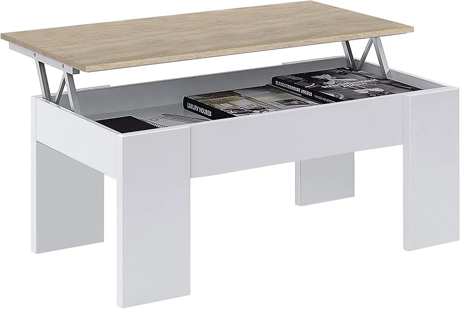 Mesa de Centro Elevable, Mesita de Salón o Comedor, Modelo LC, Acabado en Color Blanco Artik y Roble Canadian, Medidas: 100 cm (Ancho) x 50 cm (Fondo) x 45-56 cm (Alto)