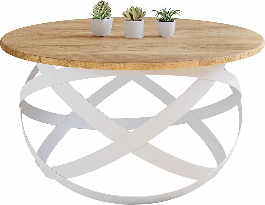 Lumarc Firenze, Mesa de Centro Artesanal Moderna, Madera Maciza de Roble y Acero, Blanco, Redondo, Ø70x40 cm