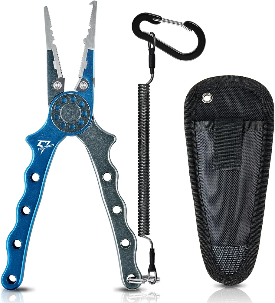 Piscifun Fishing Pliers, Saltwater Fishing Pliers with Split Ring, Fish Hook Remover, Corrosion Resistance Fly Fishing Pliers with Braid Cutters, Sheath and Lanyard, Fishing Gear Gifts for Men