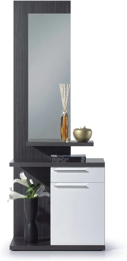 Habitdesign Recibidor con Espejo, Mueble de Entrada, Acabado en Color Blanco Brillo y Gris Ceniza, Medidas: 186 cm (Alto) x 61 cm (Ancho) x 29 cm (Fondo)