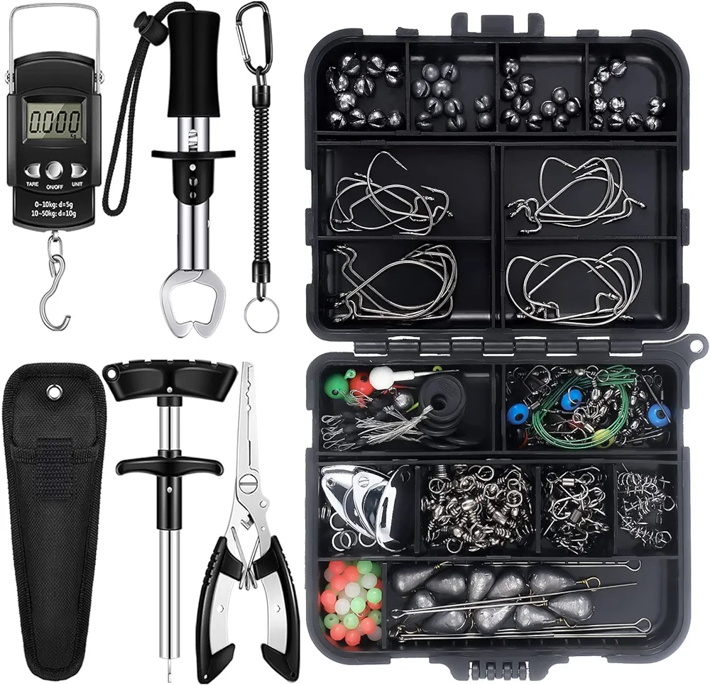 Hungdao 252 Pcs Fishing Tool Kit Include Terminal Tackle Kit Fish Hook Remover Tool Fish Lip Gripper Digital Fish Scale Fishing Pliers Fishing Lanyard Sheath Fishing Gear with Tackle Box (Classic)