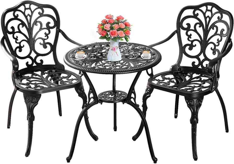 Bistro Table and Chairs Set of 2 with Umbrella Hole,Cast Aluminum Patio Bistro Sets 3 Piece,Outdoor Bistro Table Set,Patio Furniture Set for Front Porch Set,Garden(Butterfly Black)