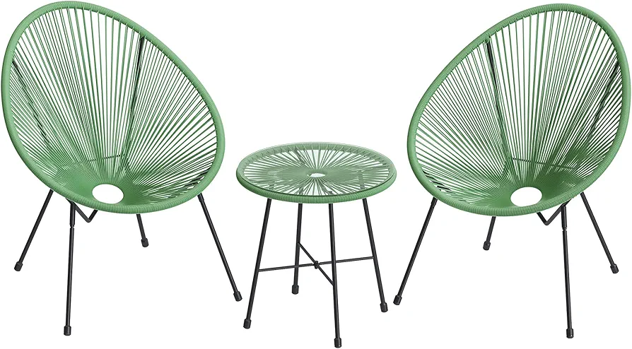 SONGMICS 3-Piece Outdoor Seating Acapulco Chair, Modern Patio Furniture Set, Glass Top Table and 2 Chairs, Indoor and Outdoor Conversation Bistro Set, Light Green UGGF011C01