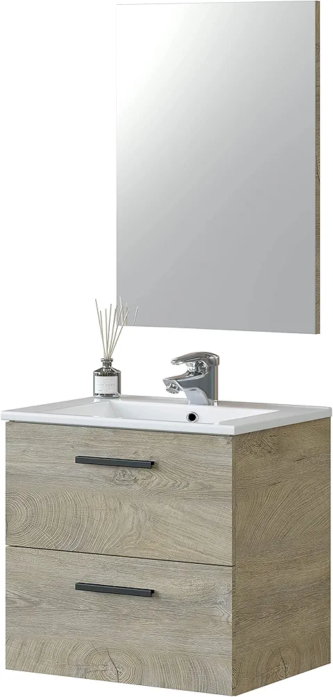 Habitdesign Mueble de Baño con 2 Cajones y Espejo, Modulo Lavabo, Modelo Aruba, Acabado en Roble Alaska, Medidas: 60 cm (Ancho) x 57 cm (Alto) x 45 cm (Fondo)