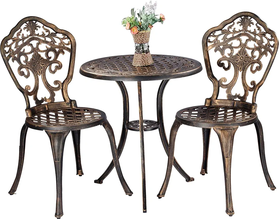 Bistro Set 3 Piece Rustproof Cast Aluminum Patio Furniture Sets 2 Chairs and 1 Round Table Outdoor, Garden, Patio, Balcony, Bronze