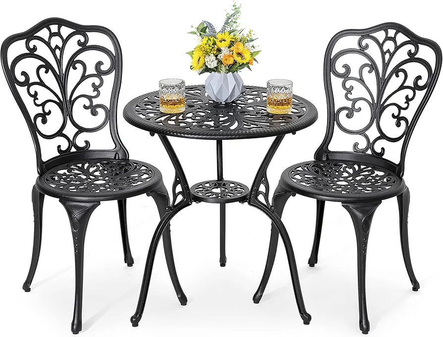 NUU GARDEN 3 Piece Bistro Set Outdoor, All Weather Cast Aluminum Patio Bistro Sets Patio Table and Chairs Set of 2 with Umbrella Hole for Yard, Balcony, Black, Butterfly Backrest